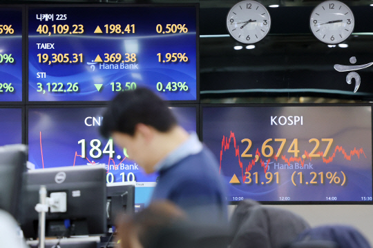 코스피와 코스닥이 4일 동반 상승했다. 사진은 4일 하나은행 딜링룸 모습. <연합뉴스>